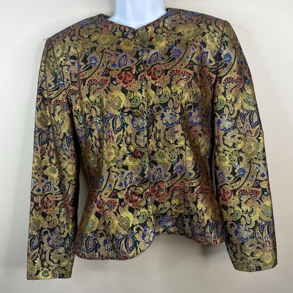 Vintage Womens Brocade Metallic Old Money Jacket 10 Gold Blazer Special Event